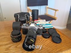 Canon AE-1 35mm SLR Film Camera, FD 50mm, FD 135mm, Doubler, Manuals, Tested