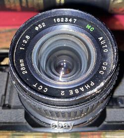 Canon AE-1 Black 35mm Film SLR Camera f128 28mm Phase 2 Auto Lens + Xtra L
