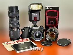 EXC+++ Pentax Black ME 35mm SLR Camera Kit with3 Lens Kit & Flash FILM TESTED