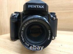Exc+5 Pentax 67 II AE Finder SMC P 105mm F/2.4 Late model Lens with Strap JAPAN