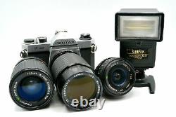 Pentax K1000 Deluxe Camera Kit + wide angle + telephoto zoom lens + 28mm + Flash