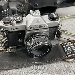 Vintage Pentax KM Asahi Film Camera 3 Lenses With Camera Bag And Papers