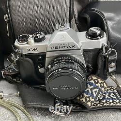Vintage Pentax KM Asahi Film Camera 3 Lenses With Camera Bag And Papers